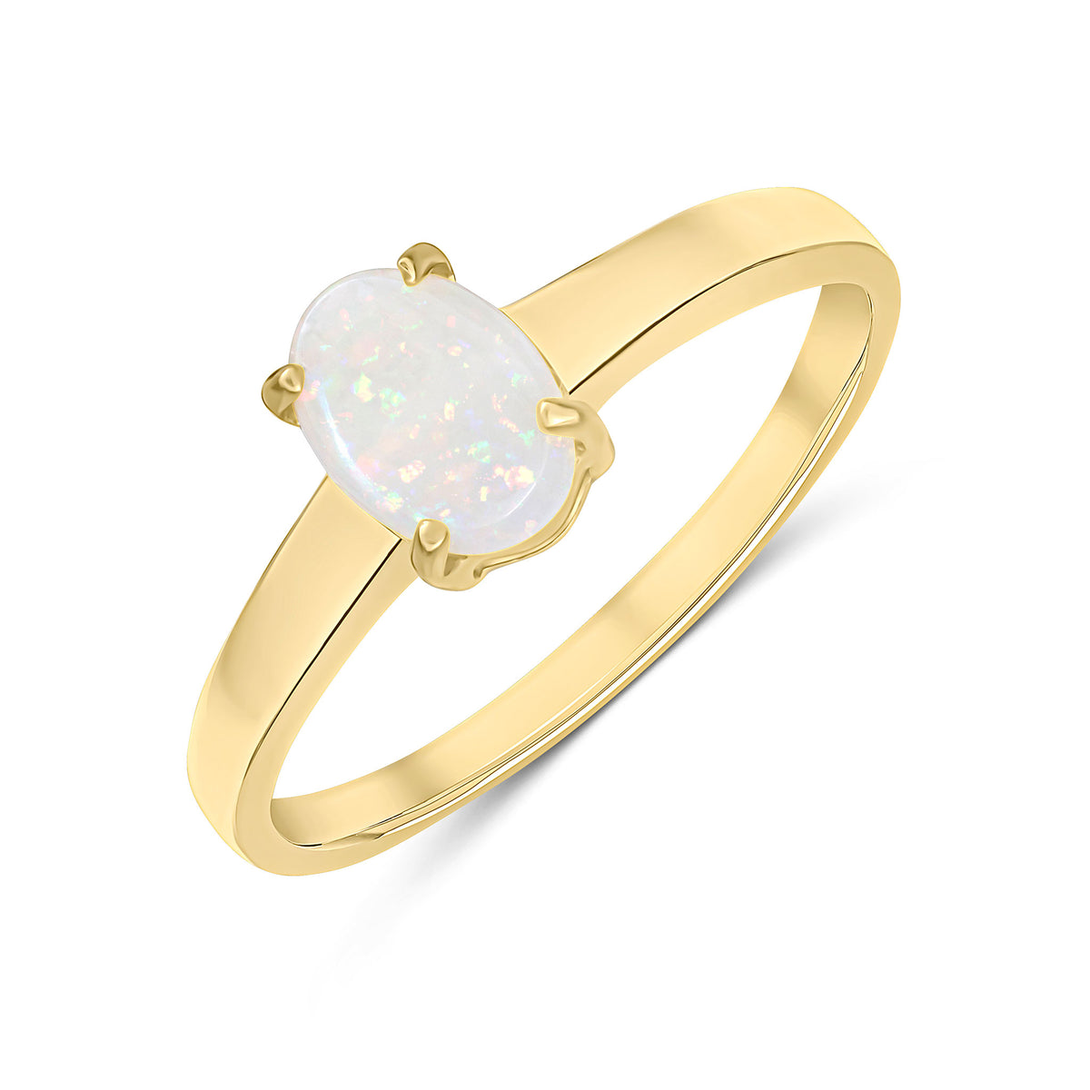 9CT YELLOW GOLD 7X5MM OVAL OPAL 4 CLAW SINGLE STONE RING