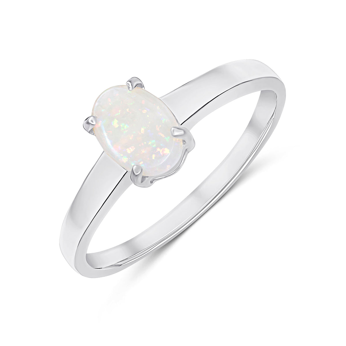 9CT WHITE GOLD 7X5MM OVAL OPAL 4 CLAW SINGLE STONE RING