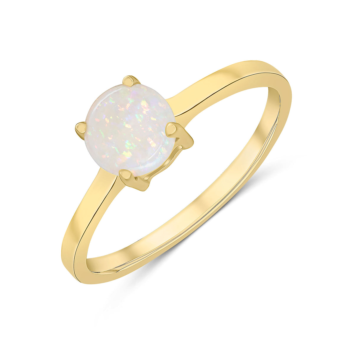 9CT YELLOW GOLD 6MM ROUND OPAL 4 CLAW SINGLE STONE RING