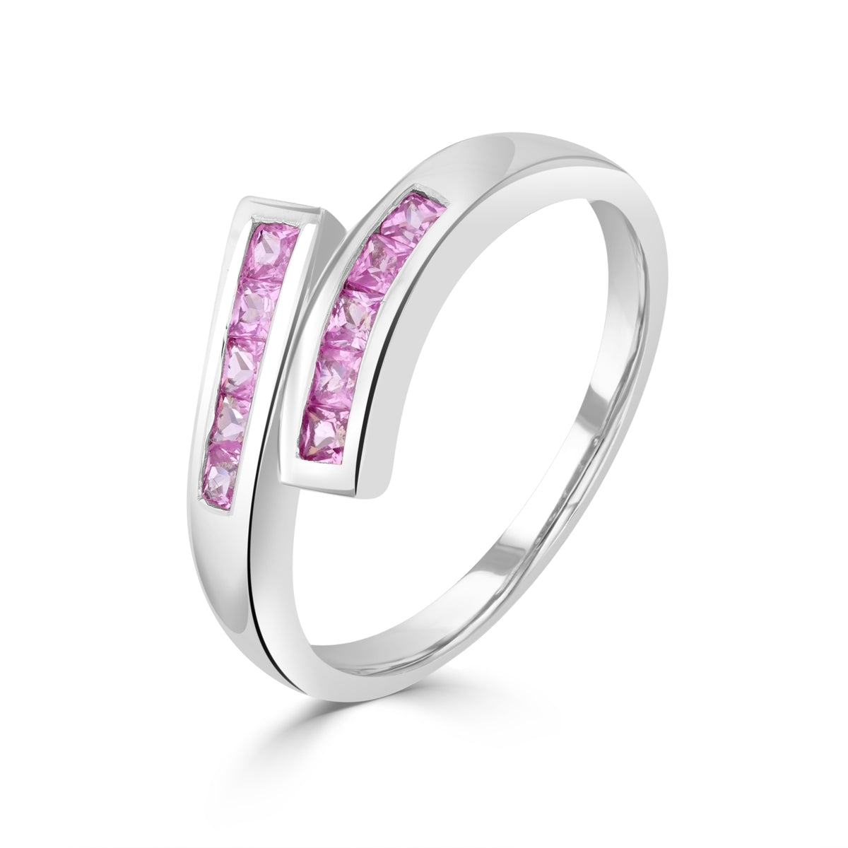 9CT WG SQUARE PINK SAPPHIRE CHANNEL SET CROSSOVER 1/2 ETERNITY RING