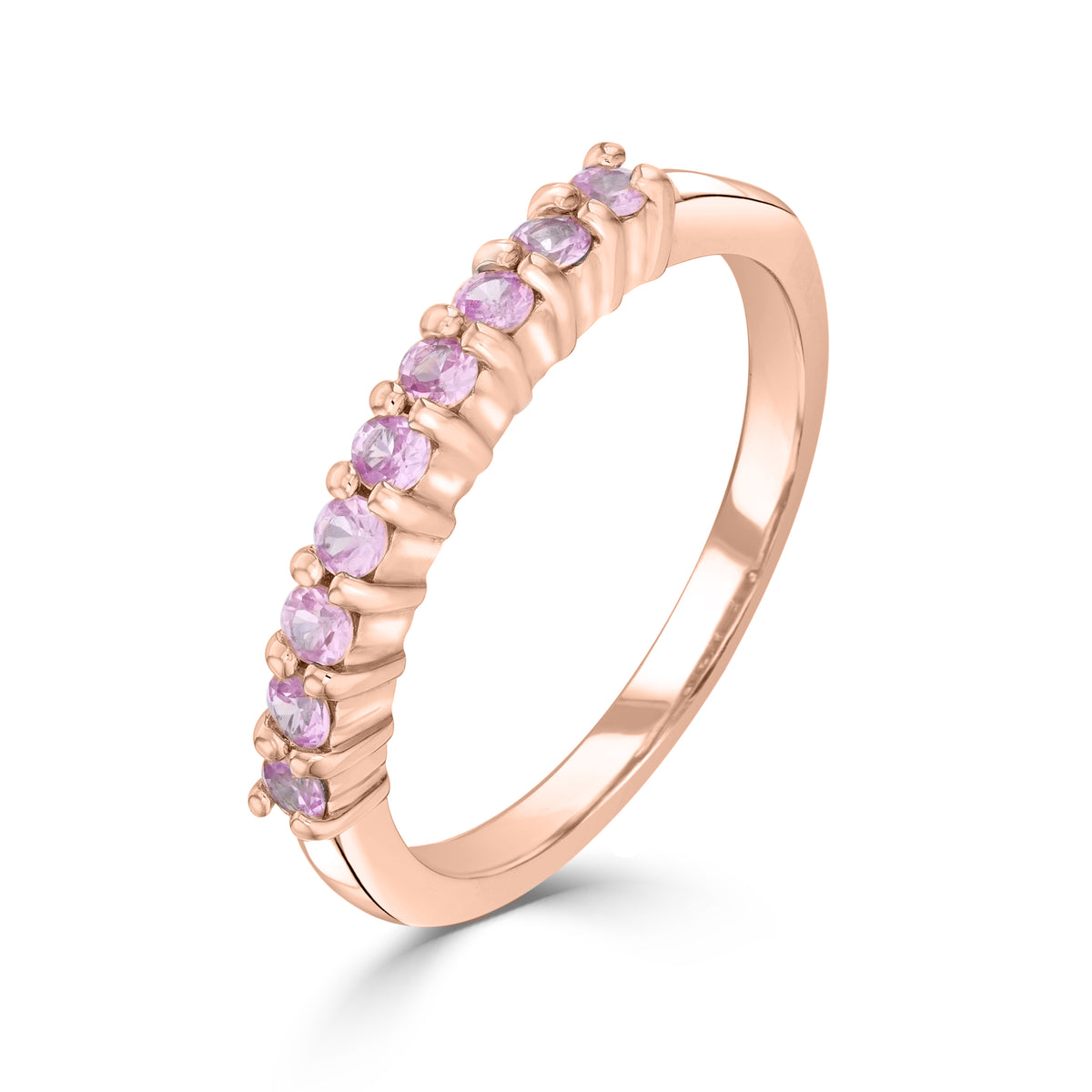 9CT ROSE GOLD ROUND PINK SAPPHIRE 9 STONE CLAW SET 1/2 ETERNITY RING