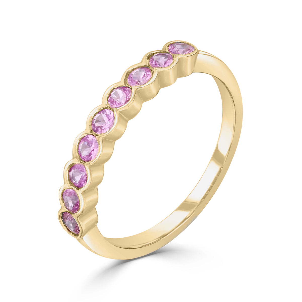 9CT YG ROUND PINK SAPPHIRE 9ST SCALLOPED 1/2 ETERNITY RING