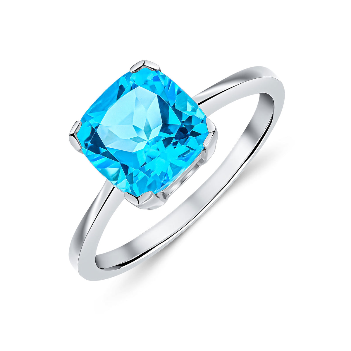 9CT WG 8MM CUSHION SWISS BLUE TOPAZ CLAW SET SINGLE STONE RING