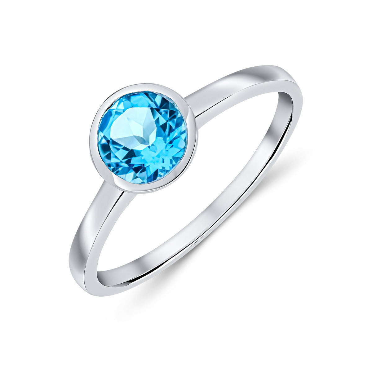 9CT WG 6MM ROUND SWISS BLUE TOPAZ RUBOVER SINGLE STONE RING