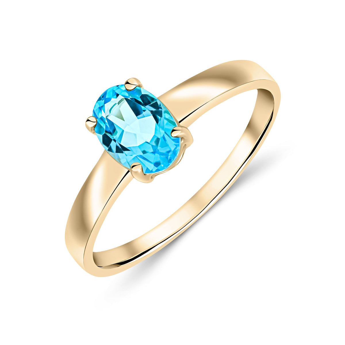 9CT YG 7X5 OVAL SWISS BLUE TOPAZ CLAW SET SINGLE STONE RING