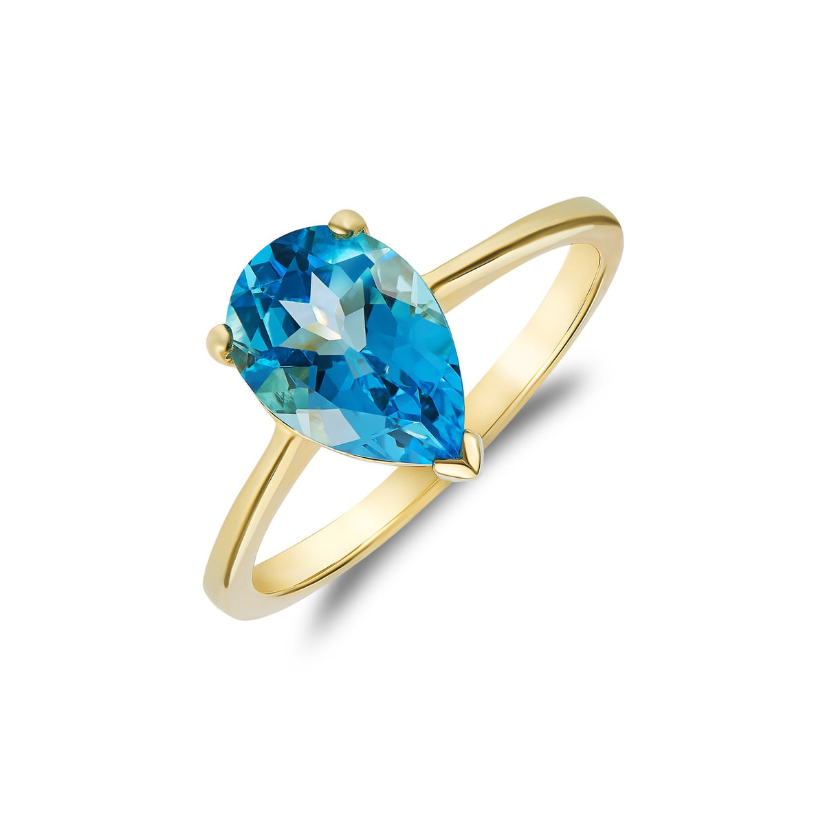 9CT YG 10X7MM PEARSHAPE SWISS BLUE TOPAZ CLAW SET SINGLE STONE RING