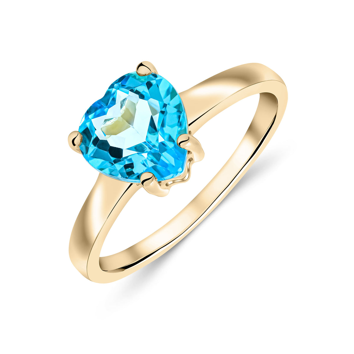 9CT YG 8MM HEART SWISS BLUE TOPAZ CLAW SET SINGLE STONE RING