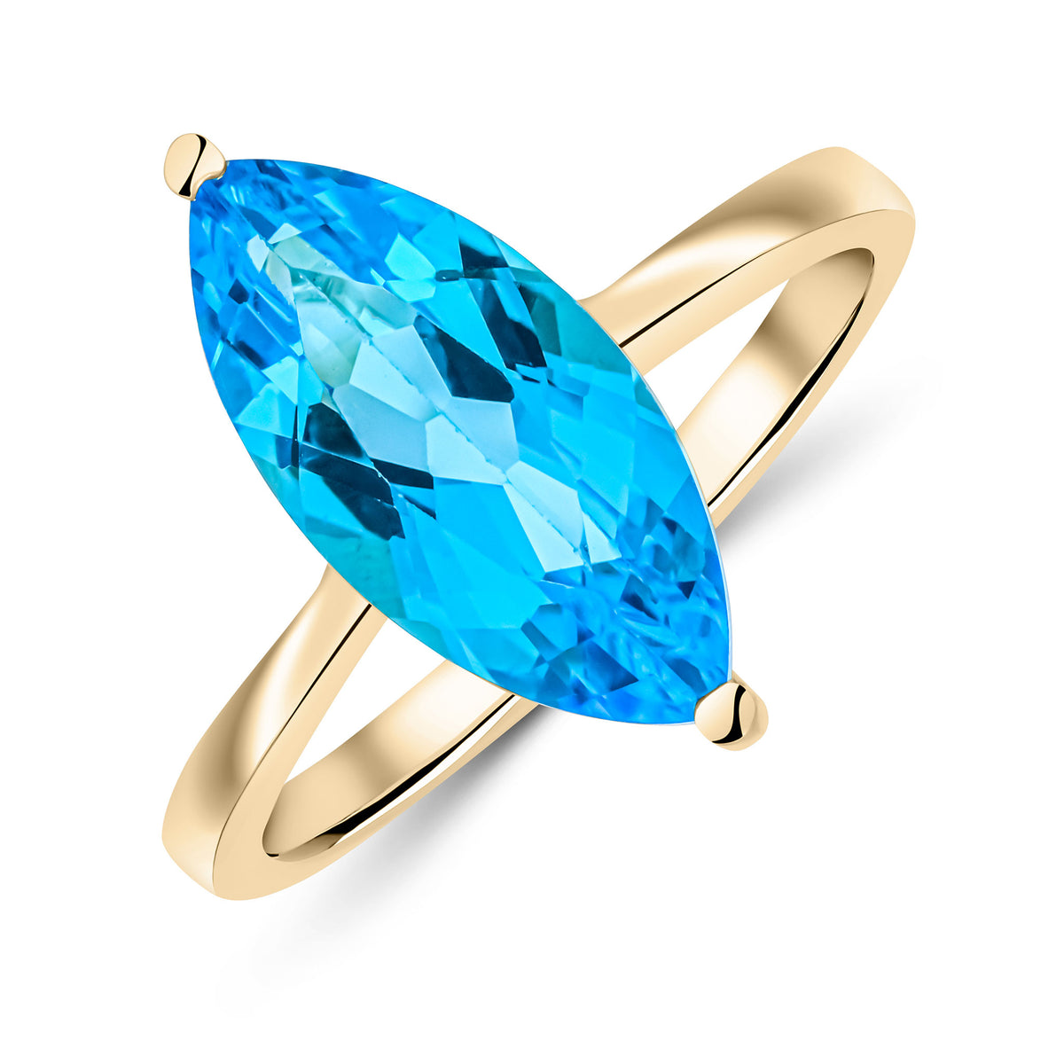 9CT YG 15X7MM MARQUISE SWISS BLUE TOPAZ CLAW SET SINGLE STONE RING