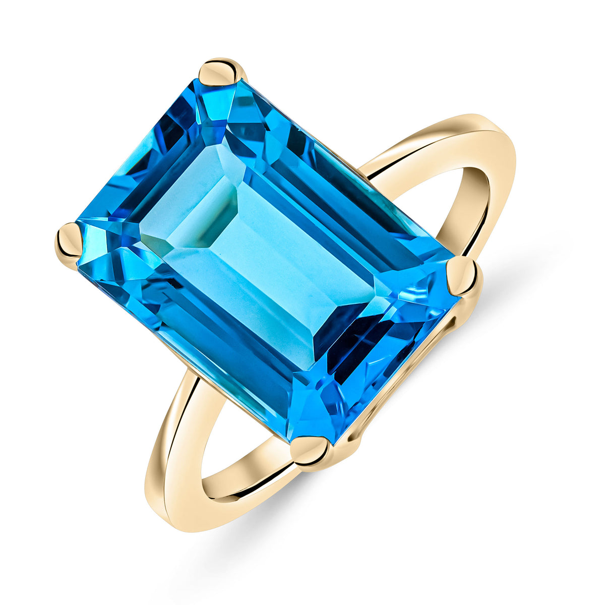9CT YG 14X10MM OCTAGON SWISS BLUE TOPAZ CLAW SET SINGLE STONE RING