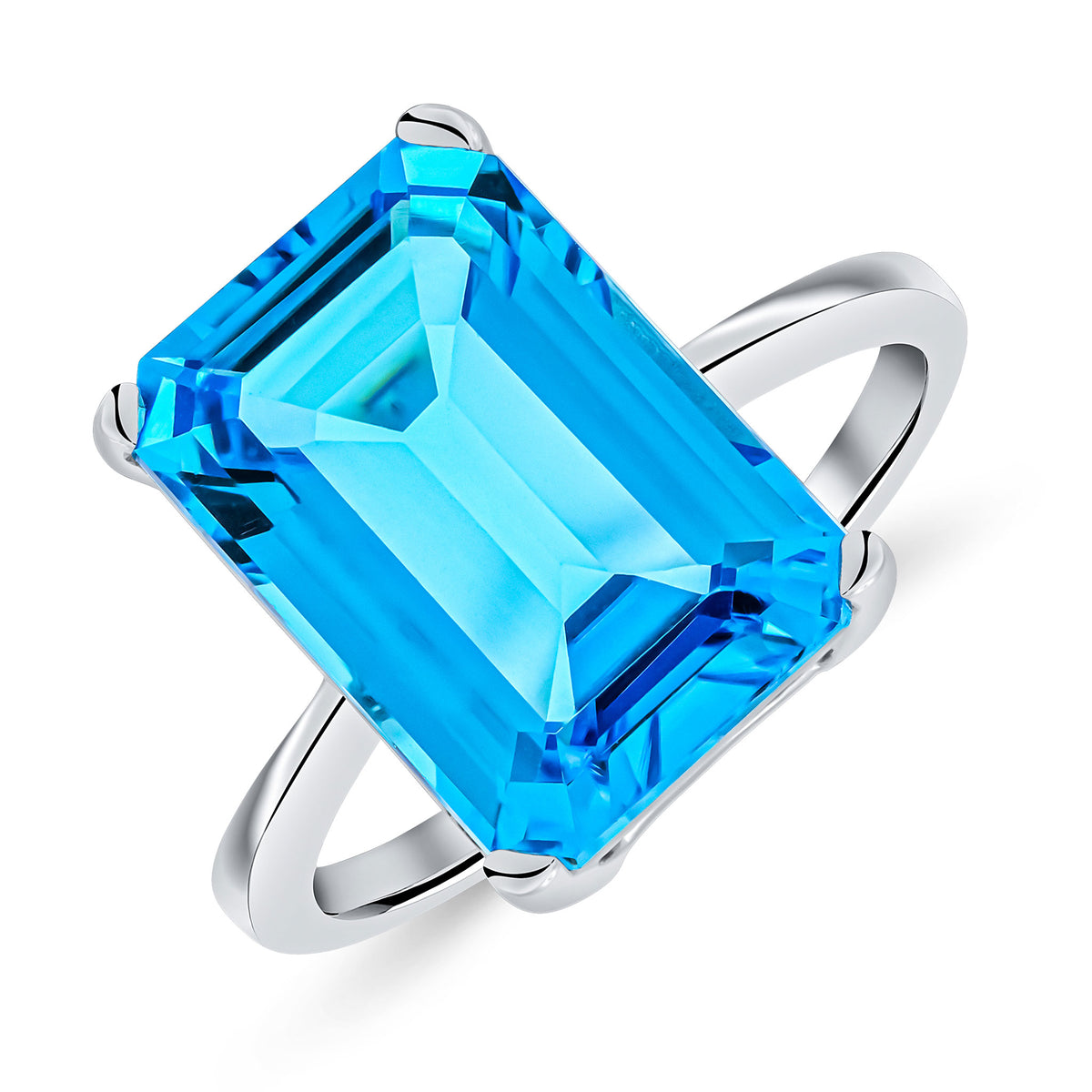 9CT WG 14X10MM OCTAGON SWISS BLUE TOPAZ CLAW SET SINGLE STONE RING