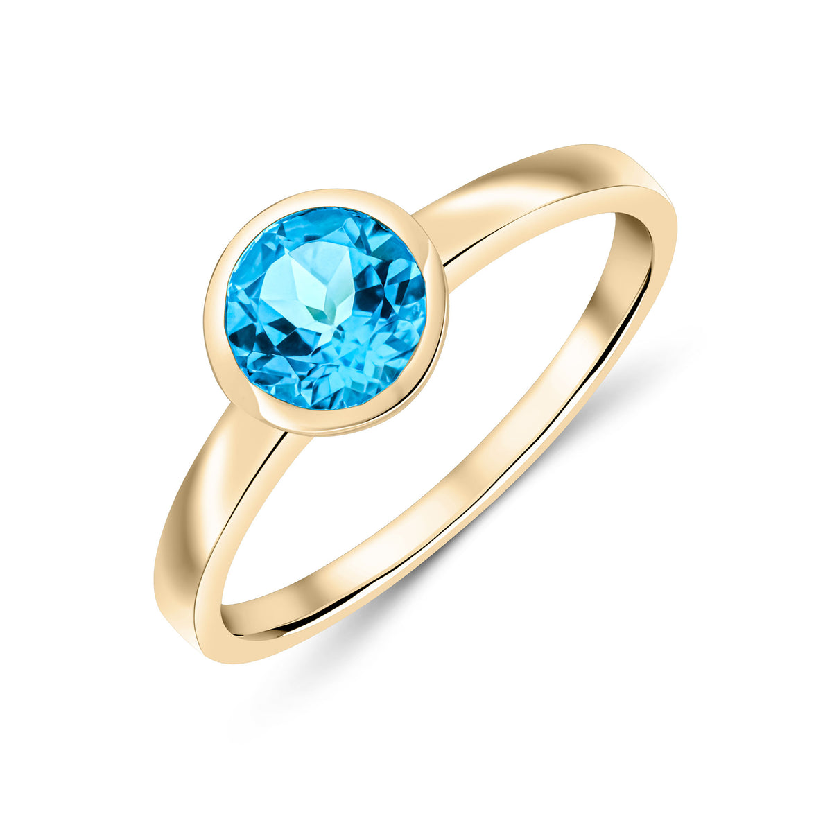 9CT YG 6MM ROUND SWISS BLUE TOPAZ RUBOVER SINGLE STONE RING