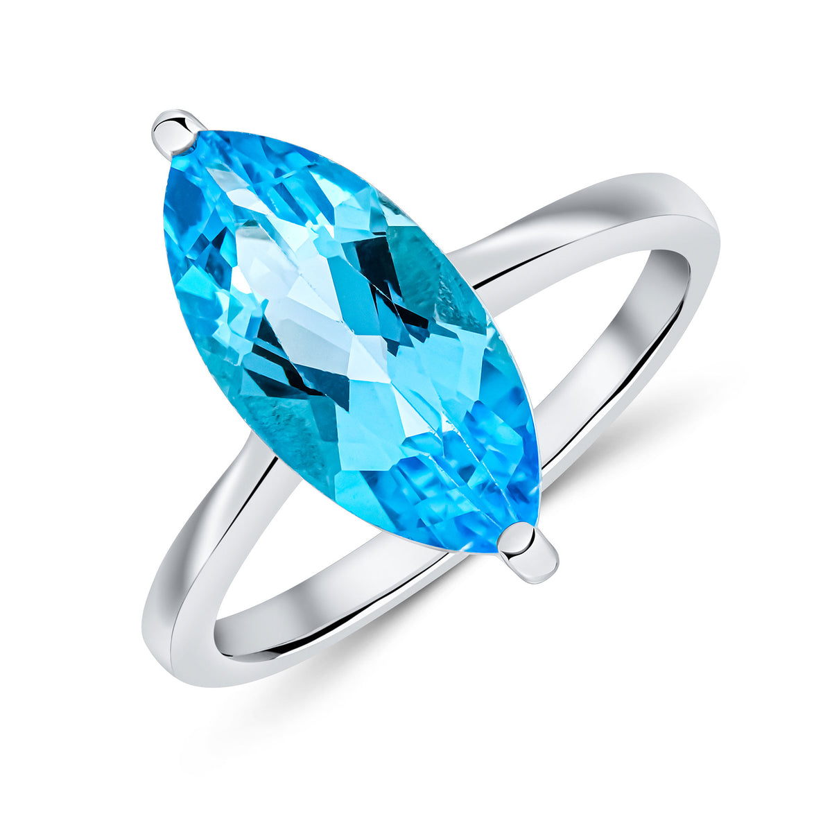 9CT WG 15X7MM MARQUISE SWISS BLUE TOPAZ CLAW SET SINGLE STONE RING