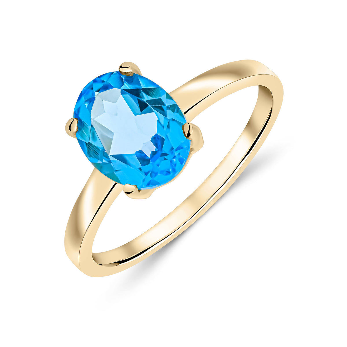 9CT YELLOW GOLD 9X7MM OVAL SWISS BLUE TOPAZ CLAW SINGLE STONE RING