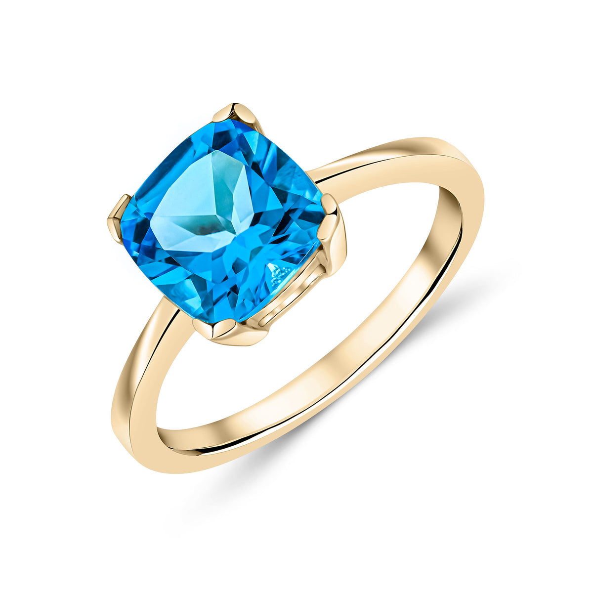 9CT YG 8MM CUSHION SWISS BLUE TOPAZ CLAW SET SINGLE STONE RING