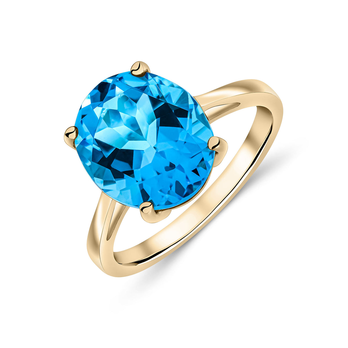 9CT YG 12X10MM OVAL SWISS BLUE TOPAZ CLAW SET SINGLE STONE RING