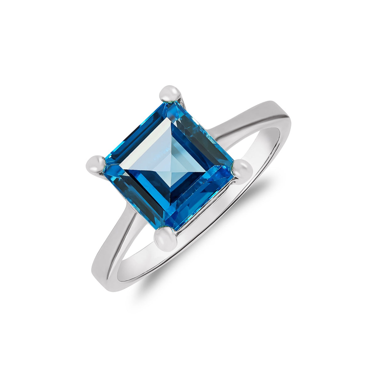 9CT WG 8MM SQUARE SWISS BLUE TOPAZ CLAW SET SINGLE STONE RING