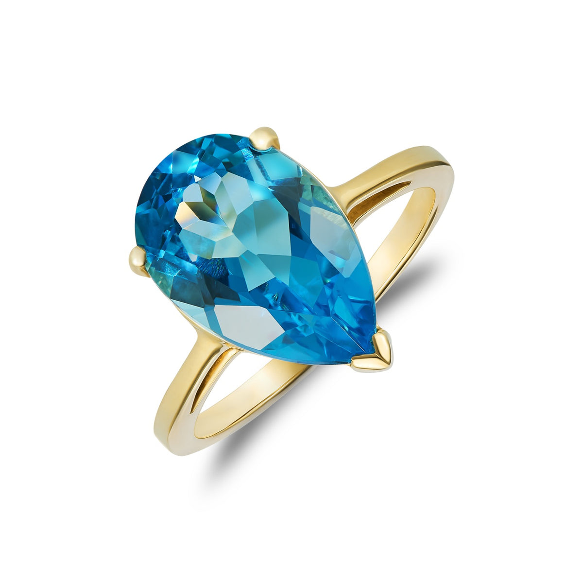 9CT YG 14X9 PEARSHAPE SWISS BLUE TOPAZ CLAW SET SINGLE STONE RING