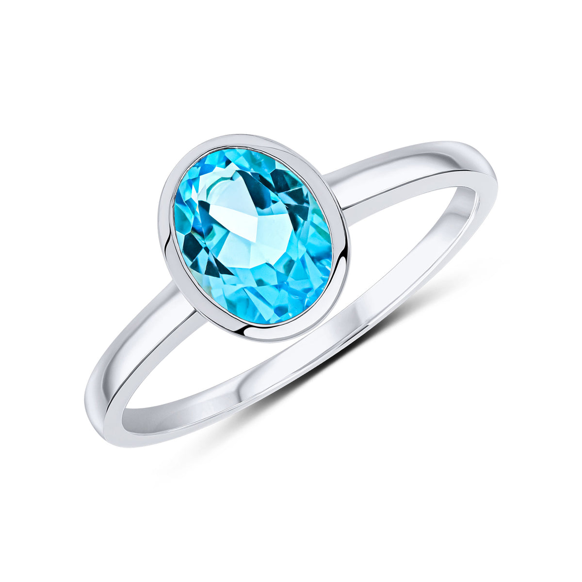 9CT WG 8X6 OVAL SWISS BLUE TOPAZ SINGLE STONE RUBOVER RING