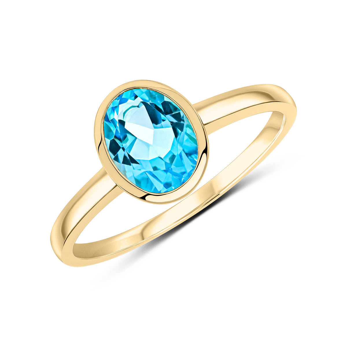 9CT YG 8X6 OVAL SWISS BLUE TOPAZ SINGLE STONE RUBOVER RING
