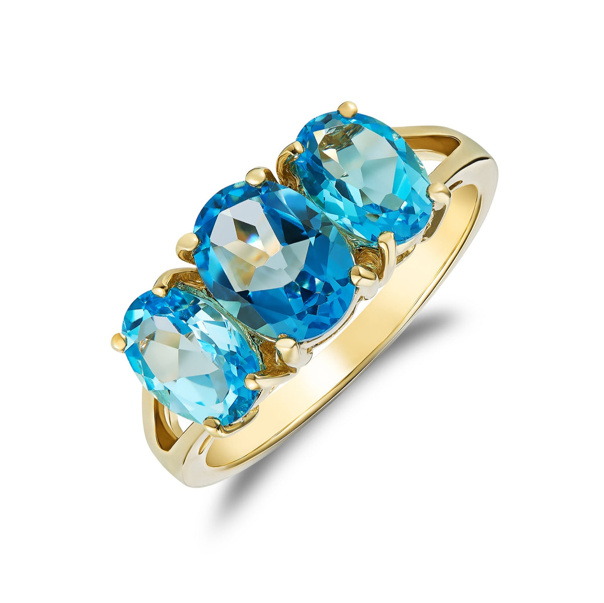 9CT YG OVAL SWISS BLUE TOPAZ CLAW SET 3ST RING WITH SPLIT SHOULDERS