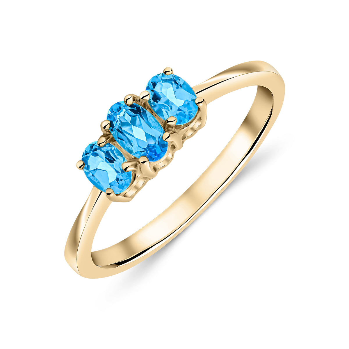9CT YG OVAL SWISS BLUE TOPAZ 3ST CLAW SET RING