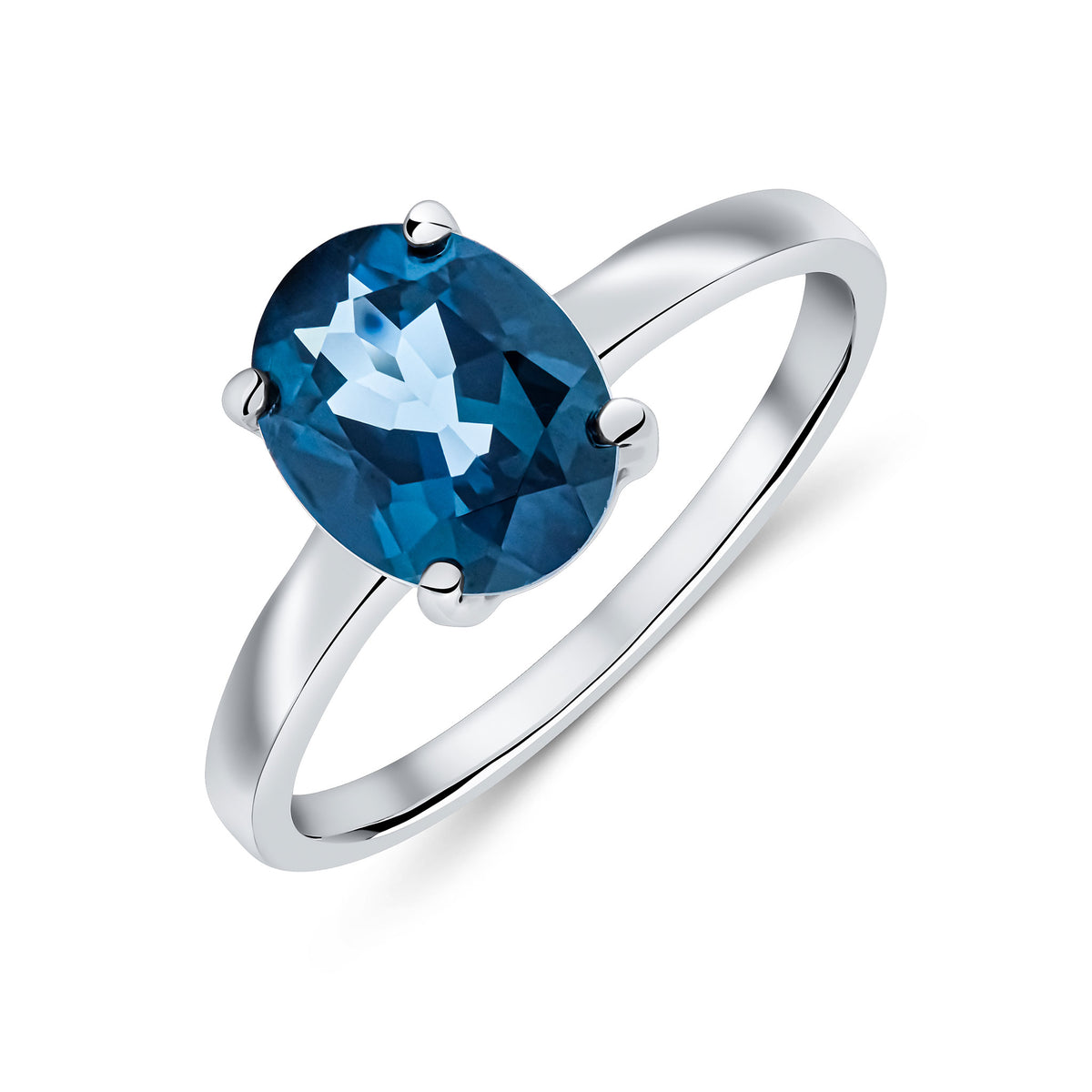 9CT WG 9X7 OVAL LONDON BLUE TOPAZ CLAW SET SINGLE STONE RING