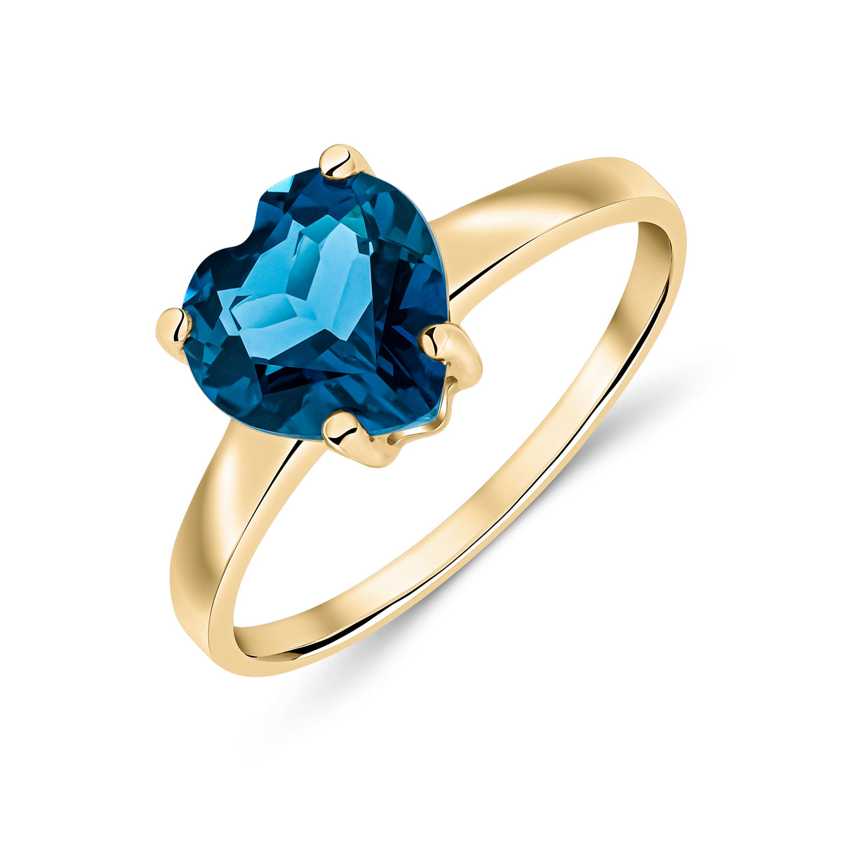 9CT YG 8MM HEART LONDON BLUE TOPAZ CLAW SET SINGLE STONE RING