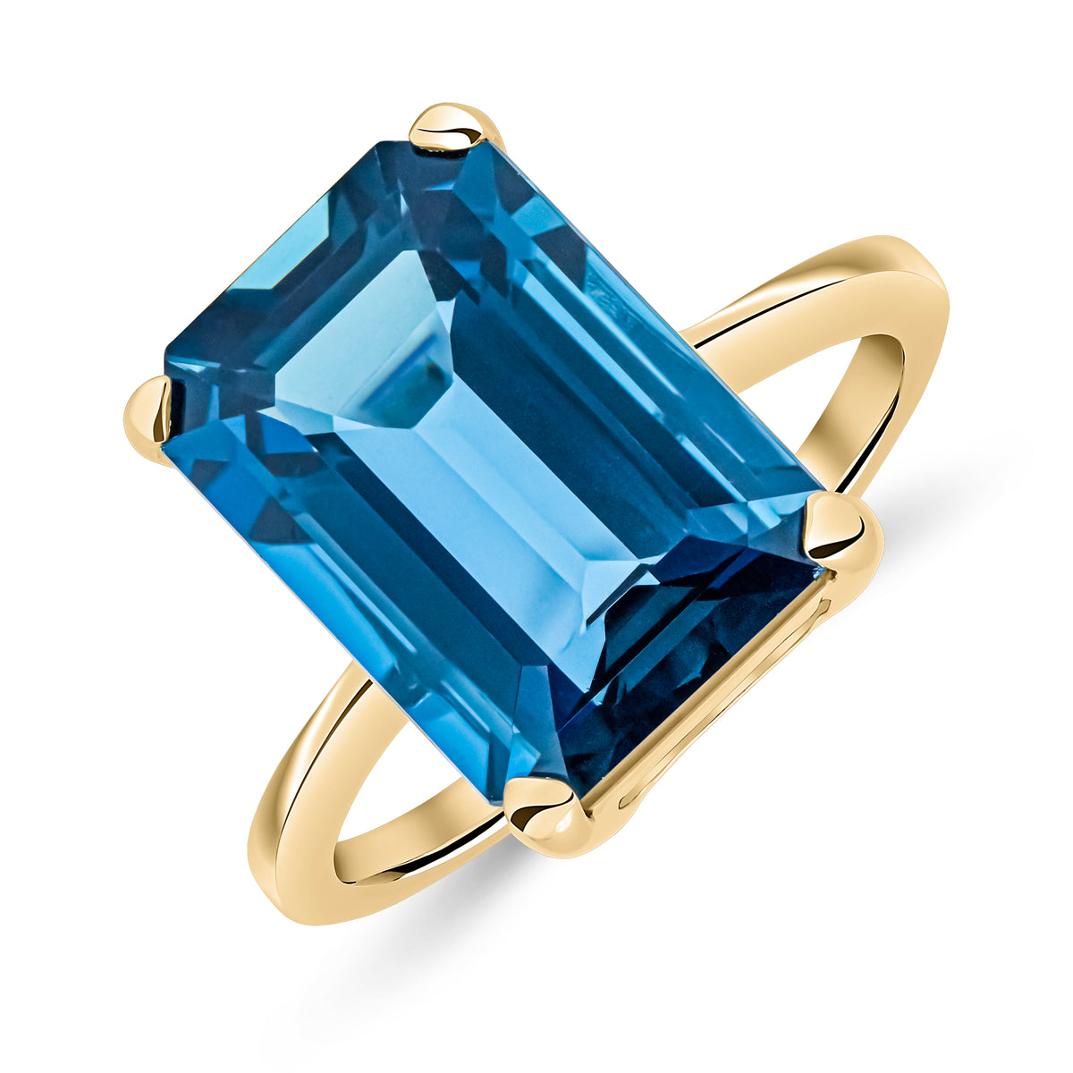 9CT YG 14X10 OCTAGONAL LONDON BLUE TOPAZ S/S CLAW RING