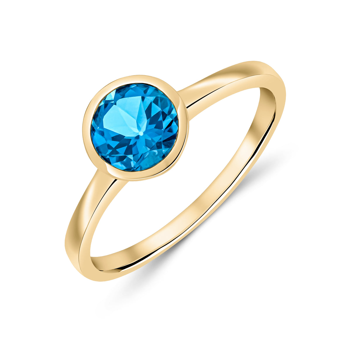 9CT YG 6MM ROUND LONDON BLUE TOPAZ RUBOVER SINGLE STONE RING