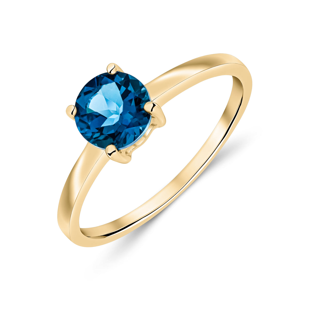 9CT YG 6MM ROUND LONDON BLUE TOPAZ 4 CLAW SINGLE STONE RING