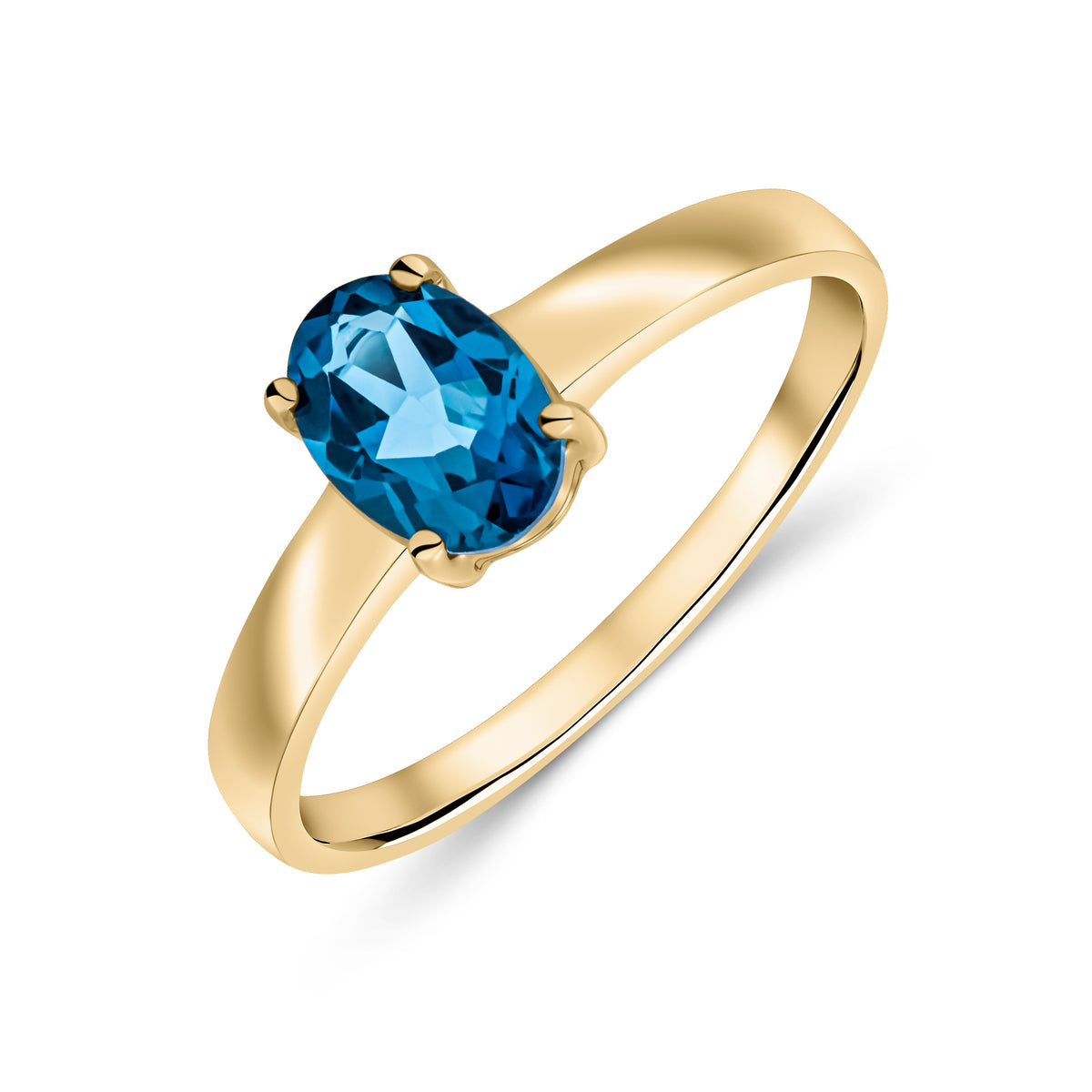 9CT YG 7X5 OVAL LONDON BLUE TOPAZ CLAW SET SINGLE STONE RING