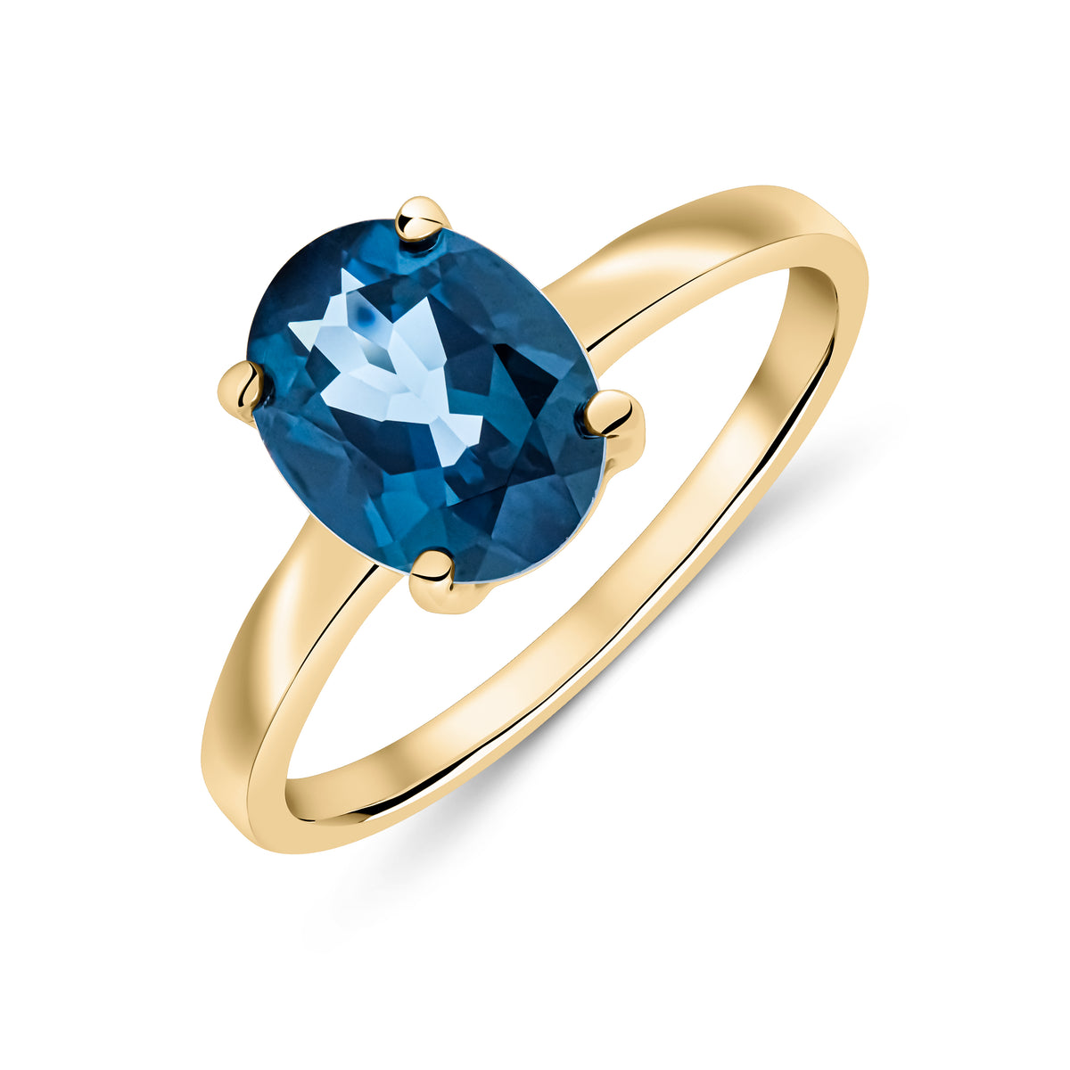 9CT YG 9X7 OVAL LONDON BLUE TOPAZ CLAW SET SINGLE STONE RING