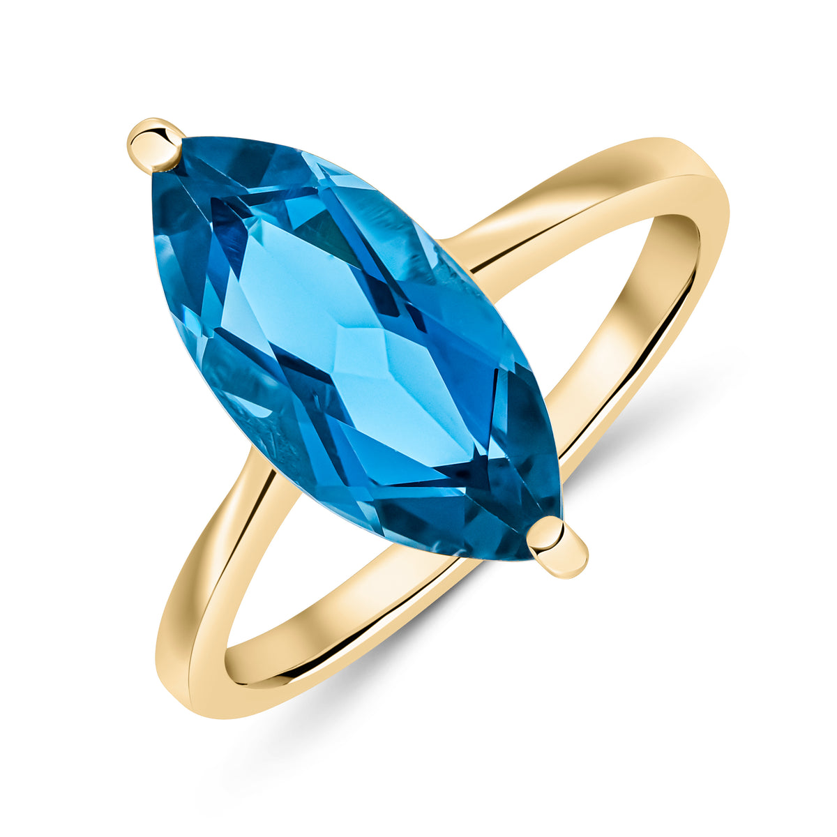 9CT YG 15X7 MARQUISE LONDON BLUE TOPAZ CLAW SET SINGLE STONE RING