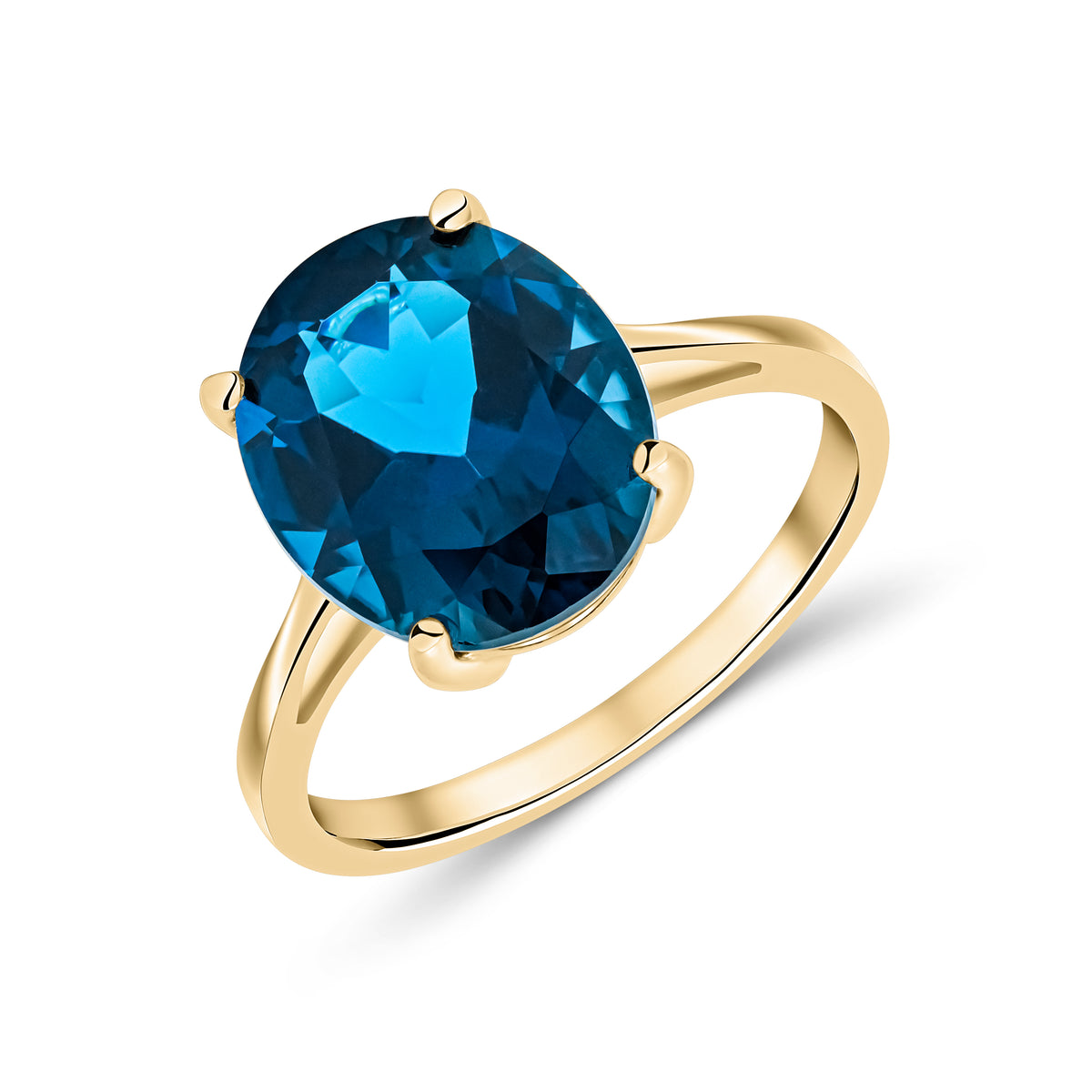 9CT YG 12X10MM OVAL LONDON BLUE TOPAZ CLAW SET SINGLE STONE RING