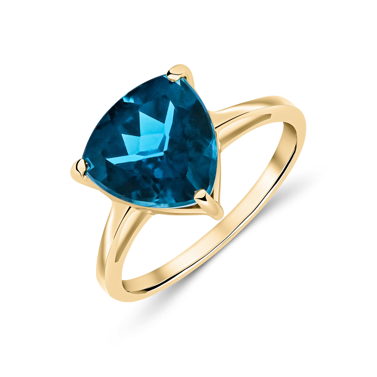 9YG 10MM TRILLION TRIANGLE LONDON BLUE TOPAZ S/S CLAW RING