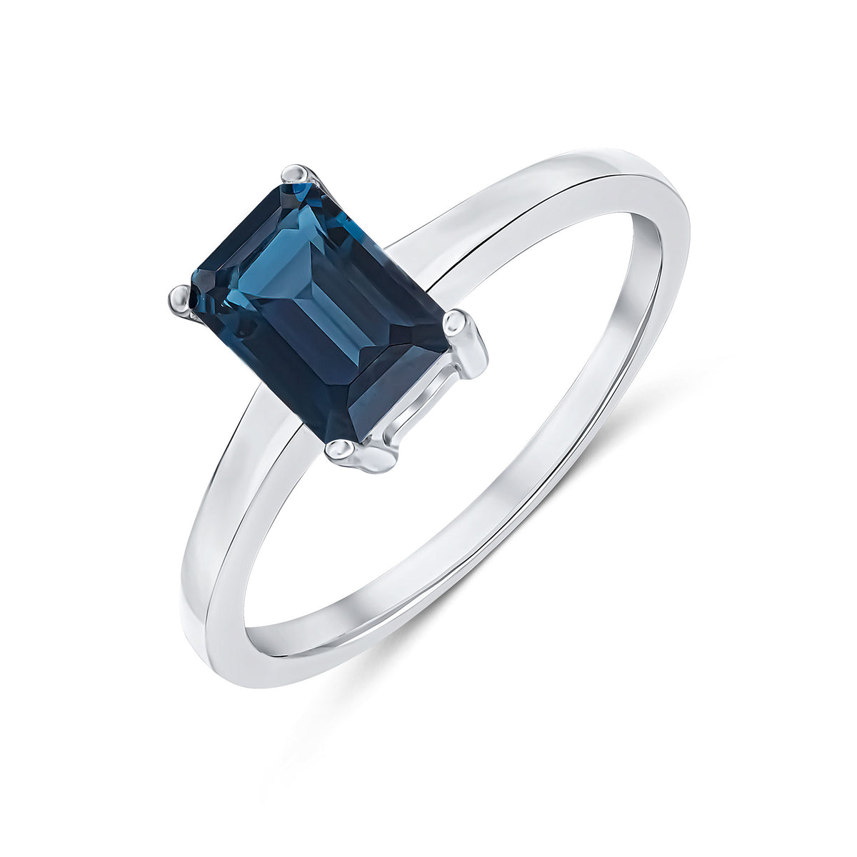 9CT WG 7X5MM OCTAGON LONDON BLUE TOPAZ CLAW SET SINGLE STONE RING