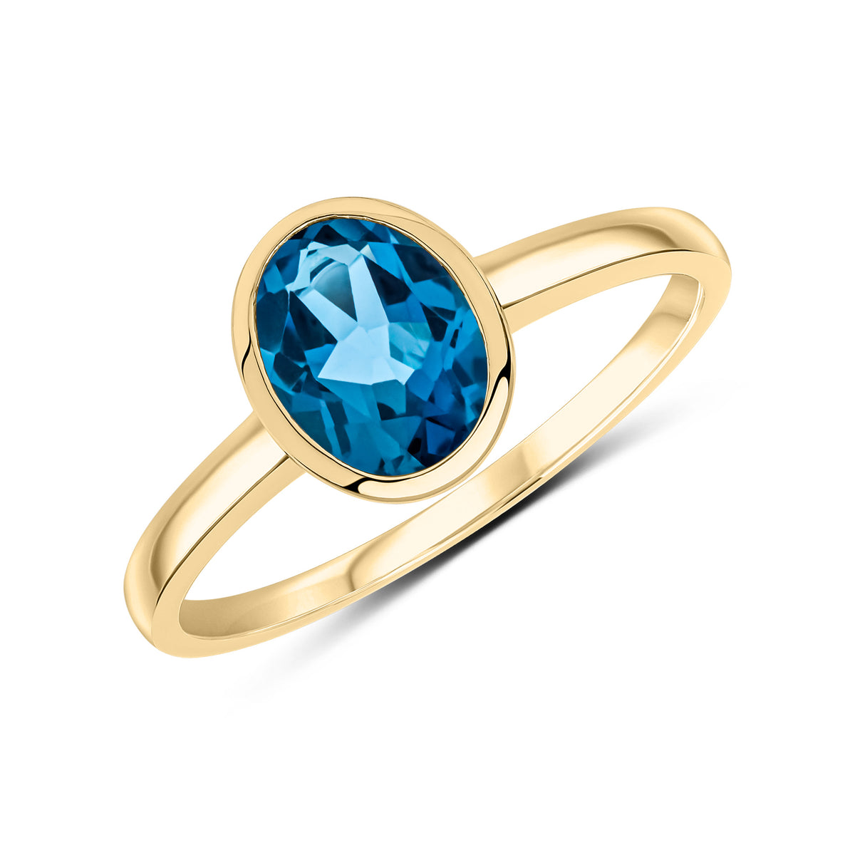 9CT YG 8X6 OVAL LONDON BLUE TOPAZ SINGLE STONE RUBOVER RING