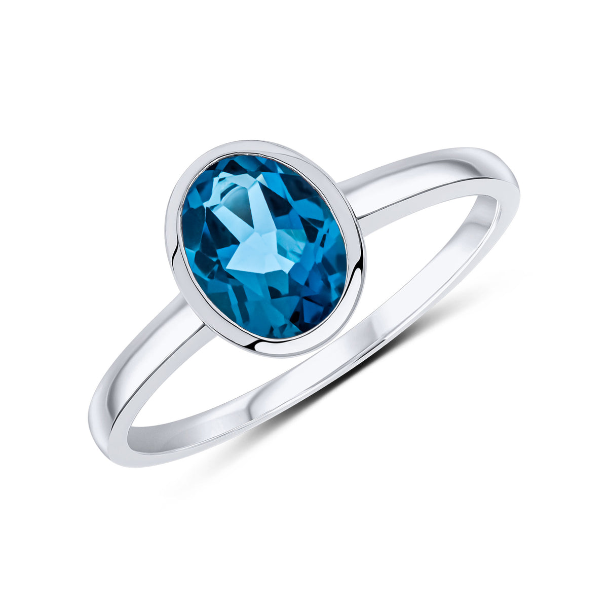 9CT WG 8X6 OVAL LONDON BLUE TOPAZ SINGLE STONE RUBOVER RING
