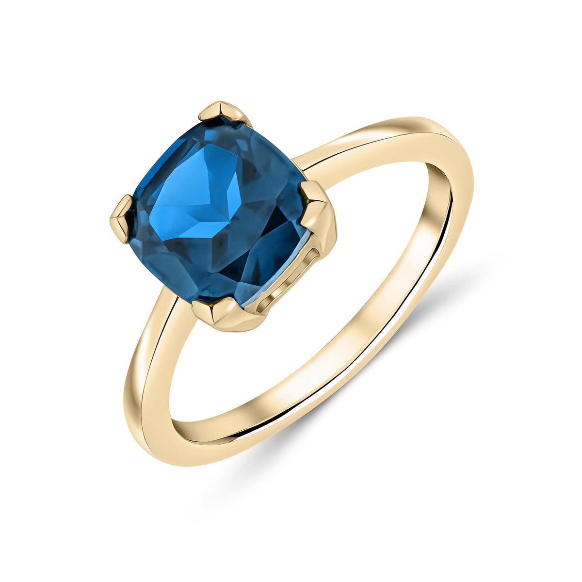 9CT YG 8MM CUSHION LONDON BLUE TOPAZ CLAW SET SINGLE STONE RING