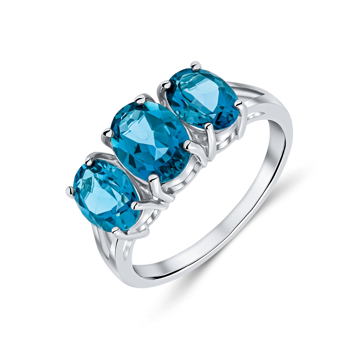 9CT WG OVAL LONDON BLUE TOPAZ CLAW SET 3ST RING WITH SPLIT SHOULDERS