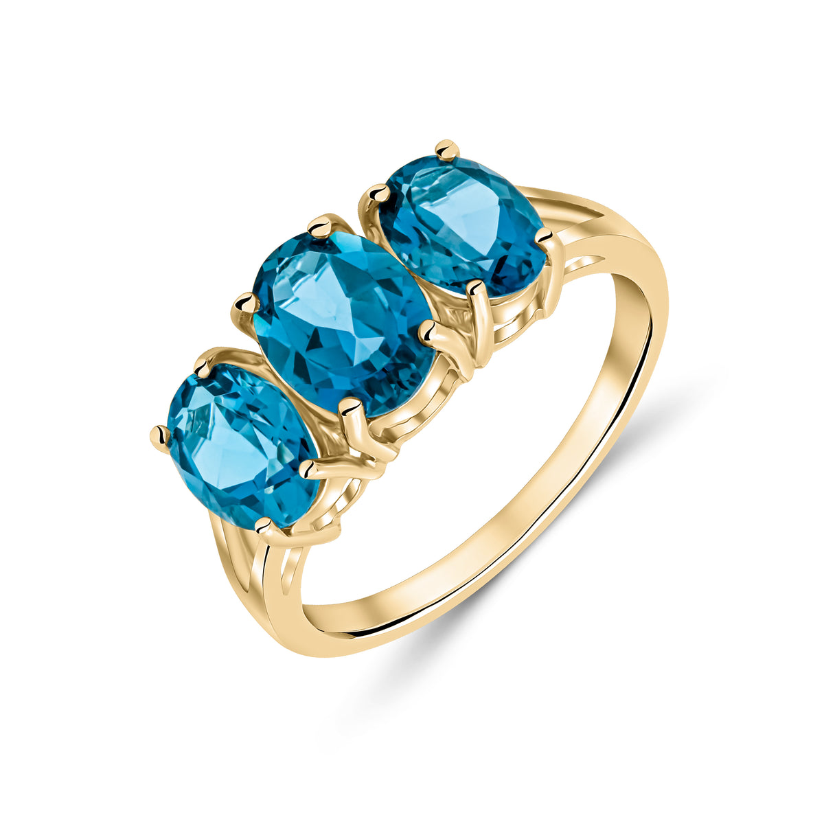 9CT YG OVAL LONDON BLUE TOPAZ CLAW SET 3ST RING WITH SPLIT SHOULDERS