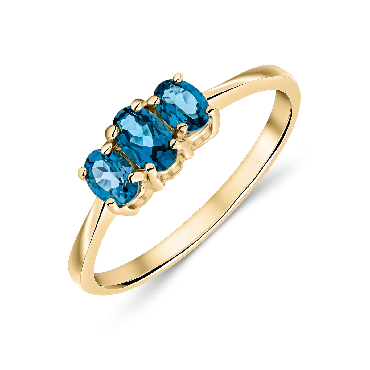 9CT YG OVAL LONDON BLUE TOPAZ 3ST CLAW SET RING