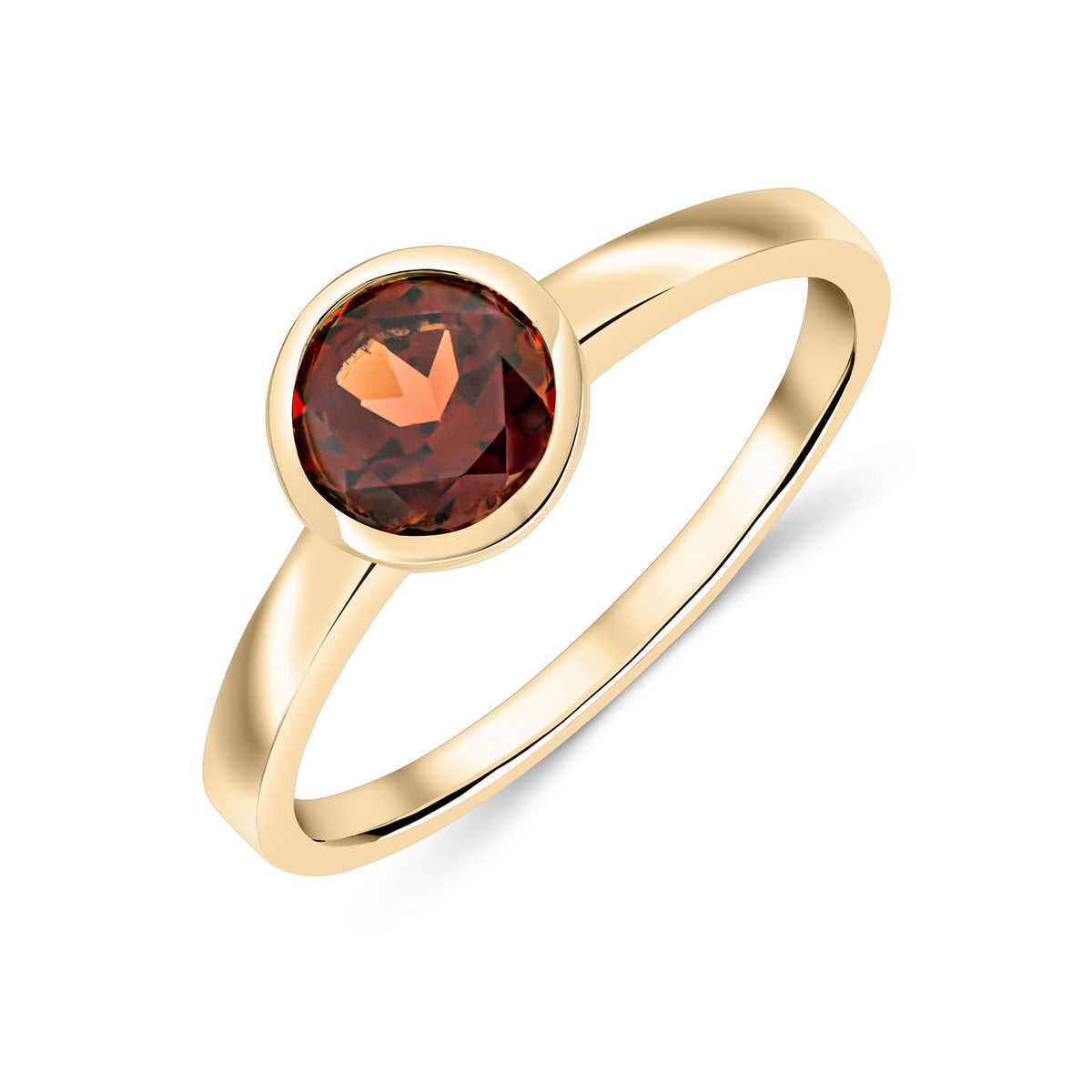 9CT YG 6MM ROUND GARNET RUBOVER SINGLE STONE RING