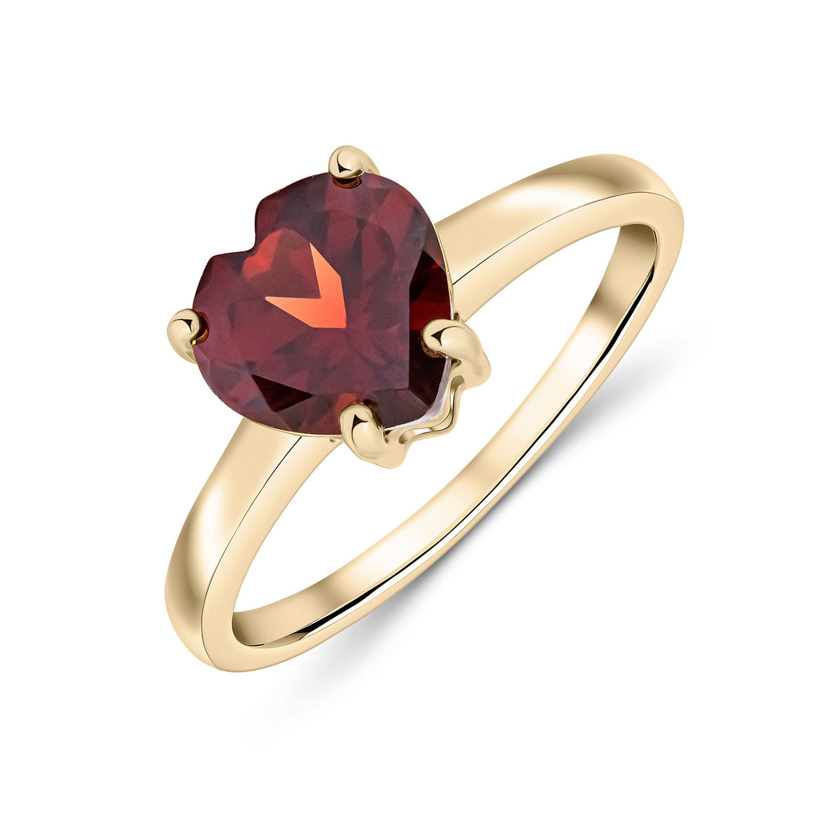 9CT YG 8MM HEART GARNET CLAW SET SINGLE STONE RING