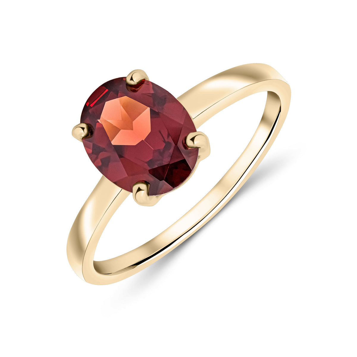 9CT YG 9X7MM OVAL GARNET CLAW SET SINGLE STONE RING