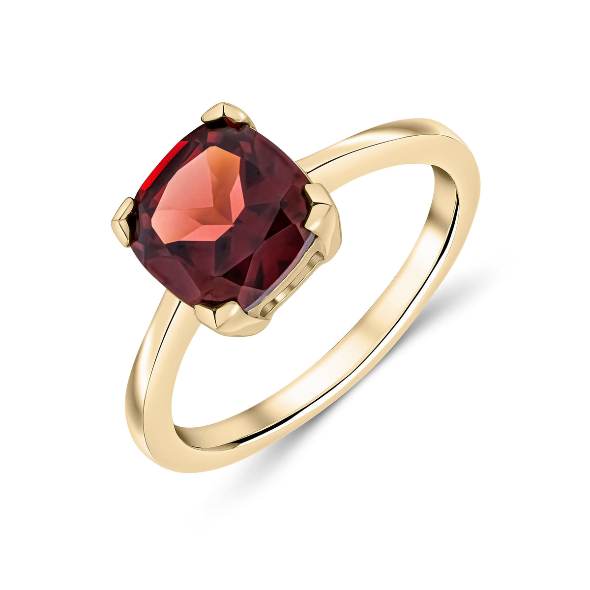 9CT YG 8MM CUSHION GARNET CLAW SET SINGLE STONE RING