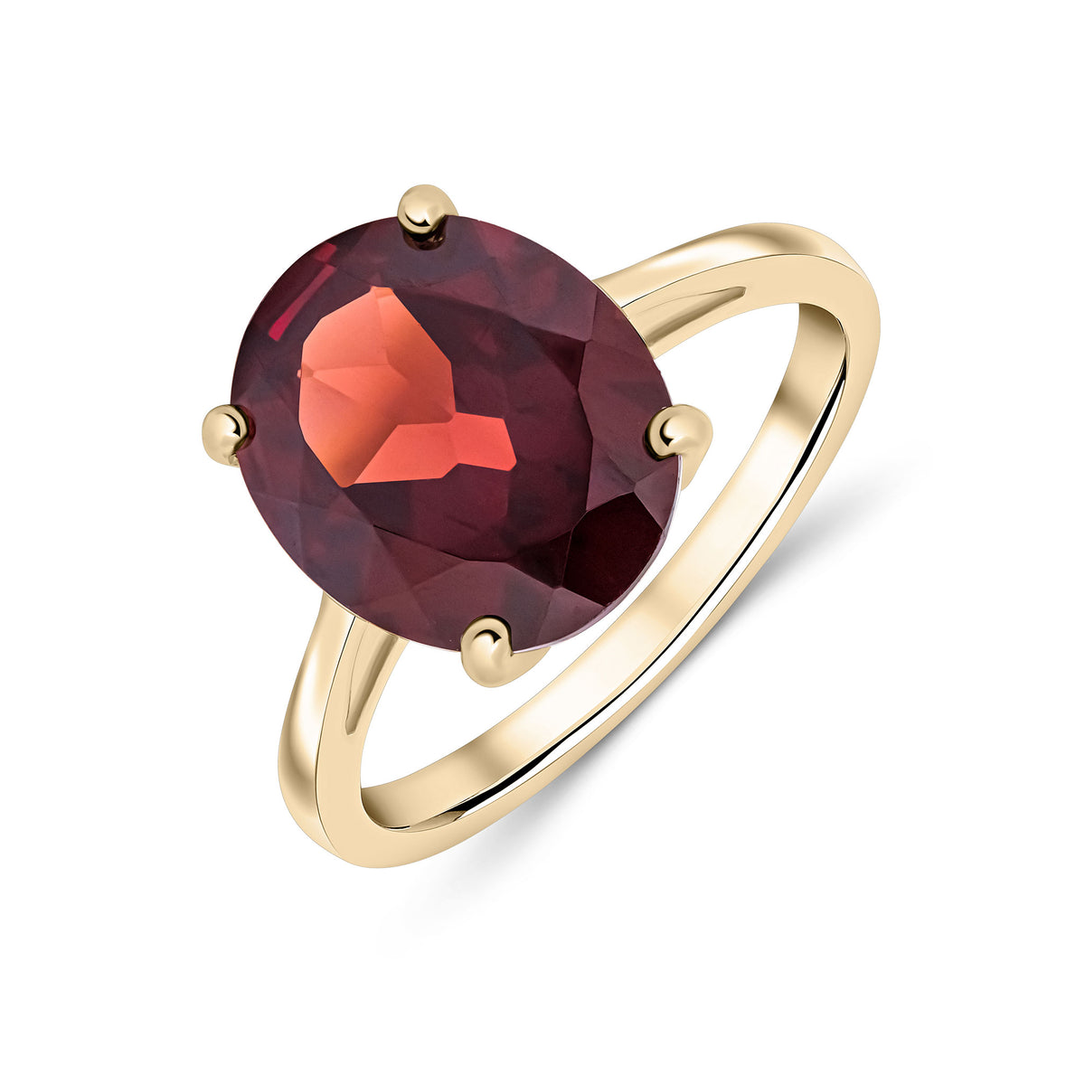 9CT YG 12X10 OVAL GARNET CLAW SET SINGLE STONE RING