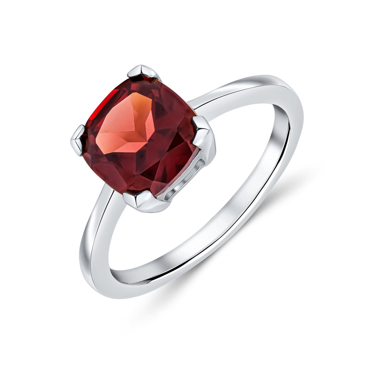 9CT WG 8MM CUSHION GARNET CLAW SET SINGLE STONE RING