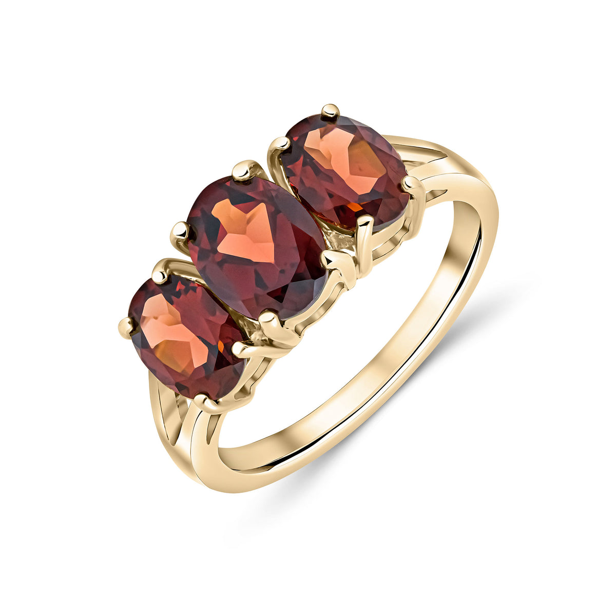 9CT YG OVAL GARNET CLAW SET 3ST RING WITH SPLIT SHOULDERS