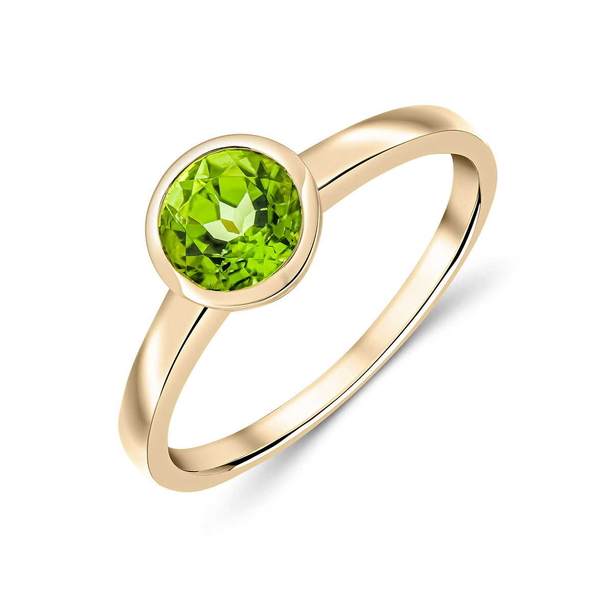 9CT YG 6MM ROUND PERIDOT RUBOVER SINGLE STONE RING